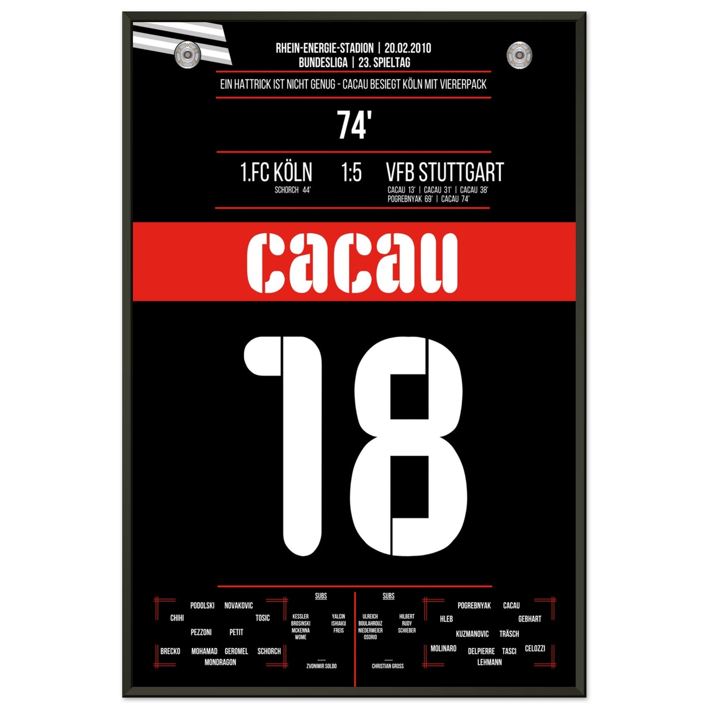 Cacau's Viererpack beim Auswärtsspiel in Köln 2010 60x90-cm-24x36-Schwarzer-Aluminiumrahmen