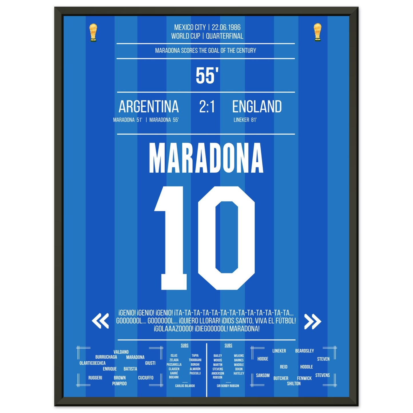 Maradona's Jahrhunderttor gegen England 1986 45x60-cm-18x24-Schwarzer-Aluminiumrahmen