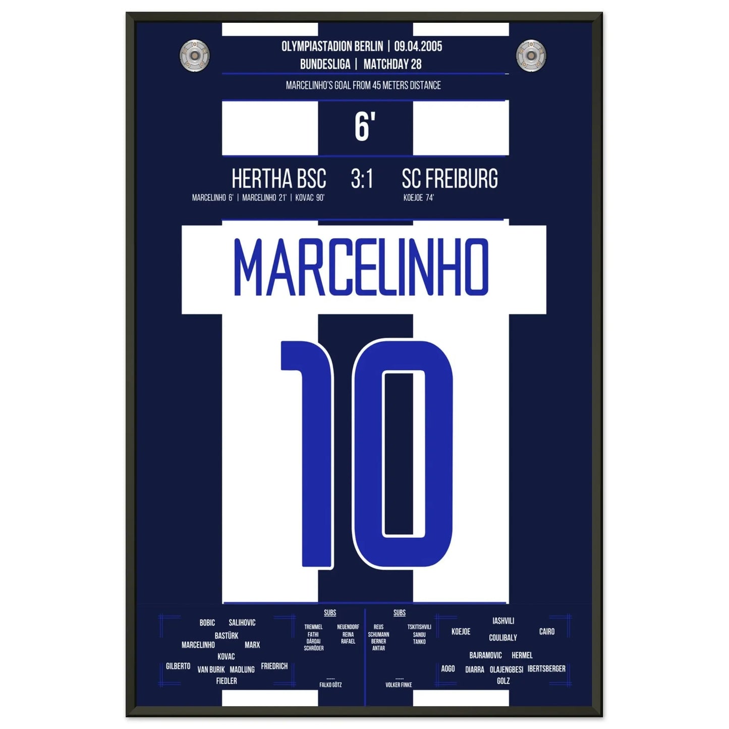 Marcelinho's Traumtor aus 45 Metern gegen Freiburg 60x90-cm-24x36-Schwarzer-Aluminiumrahmen