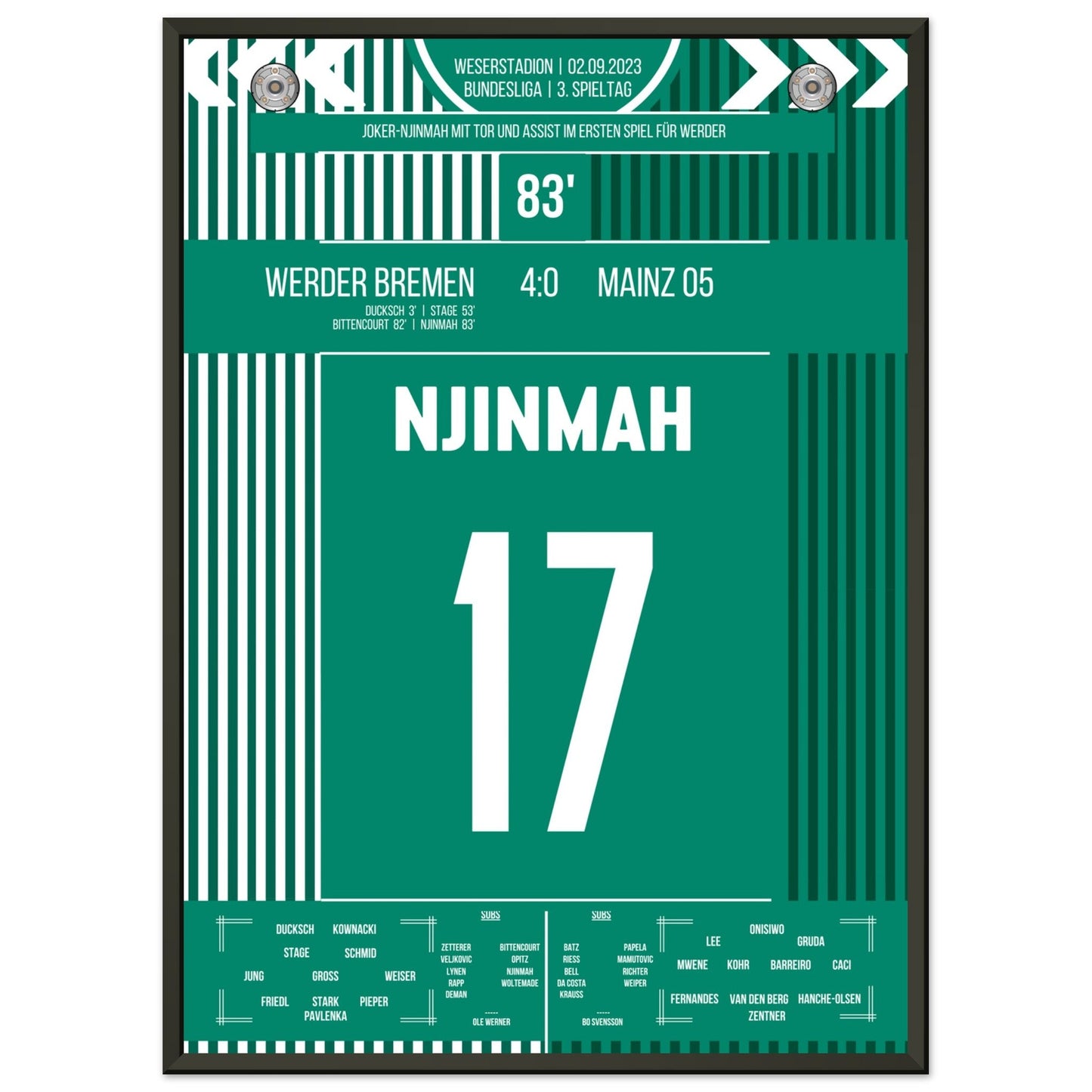 Joker-Njinmah mit erstem Bundesligator 50x70-cm-20x28-Schwarzer-Aluminiumrahmen