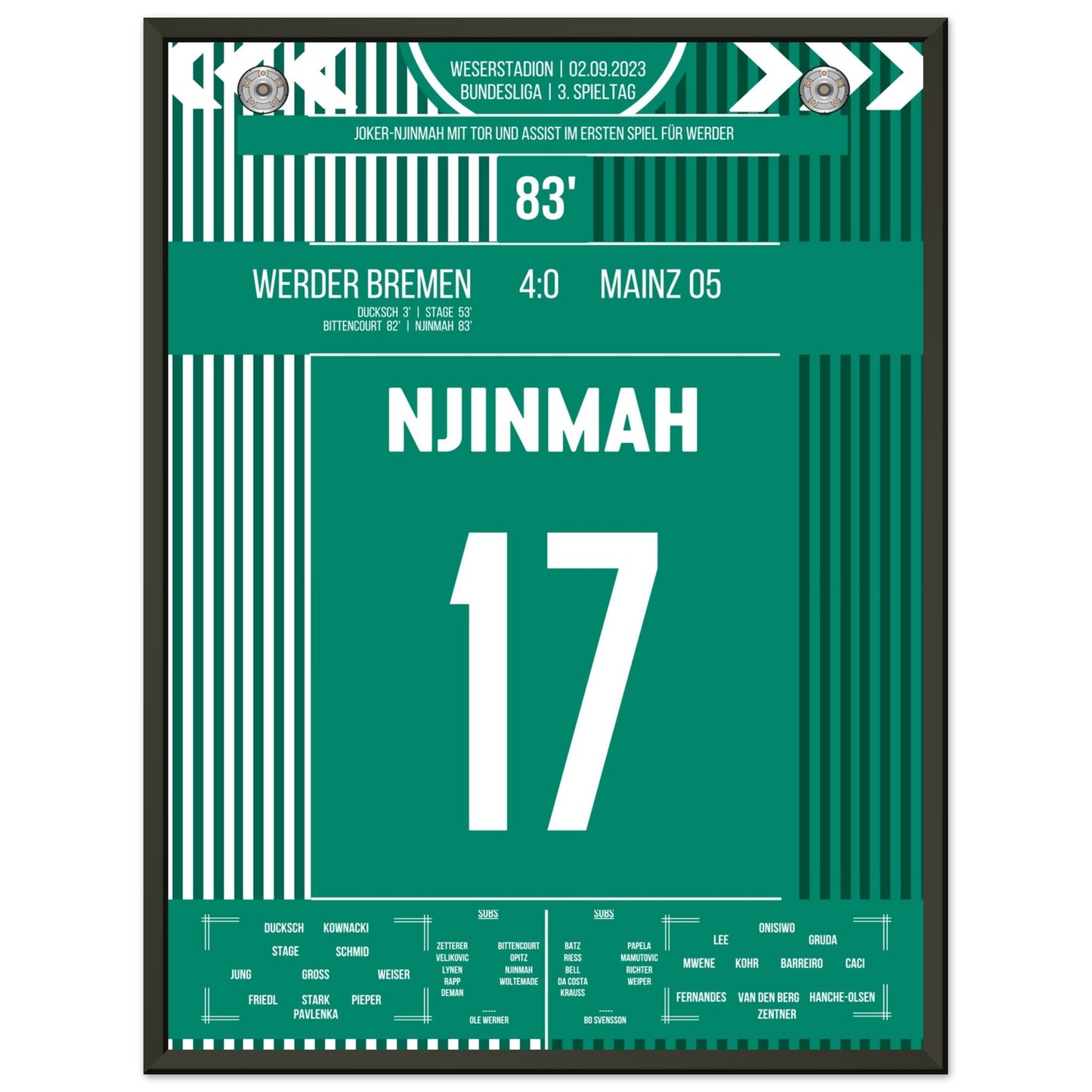 Joker-Njinmah mit erstem Bundesligator 45x60-cm-18x24-Schwarzer-Aluminiumrahmen