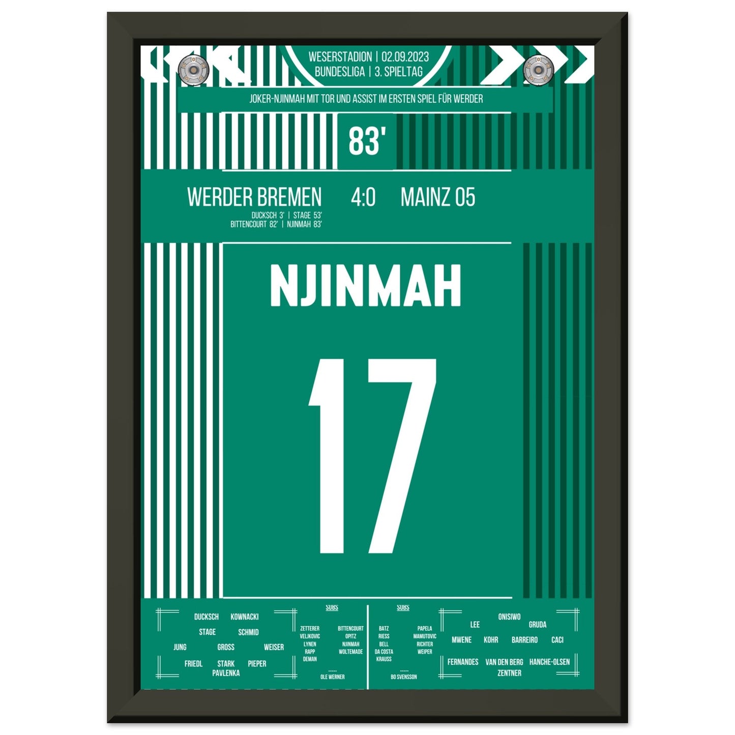 Joker-Njinmah mit erstem Bundesligator A4-21x29.7-cm-8x12-Schwarzer-Aluminiumrahmen
