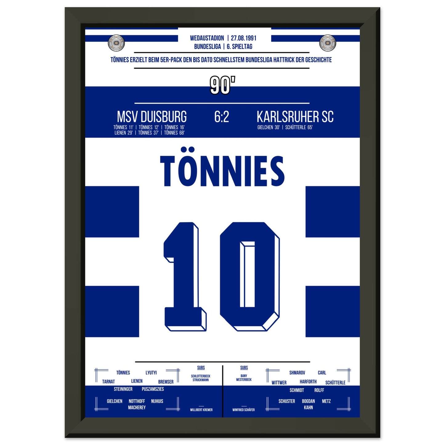 Tönnies Rekord-Hattrick bei 5-Tore Galavorstellung gegen den KSC in 1991 A4-21x29.7-cm-8x12-Schwarzer-Aluminiumrahmen