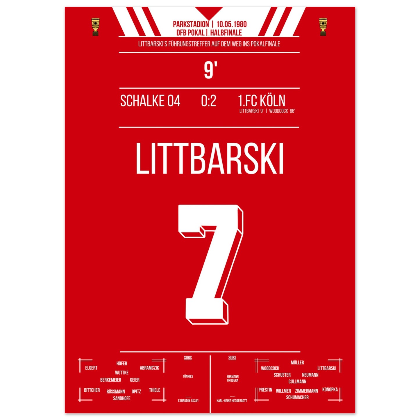 Littbarski's Führungstreffer im Pokalhalbfinale gegen Schalke 1980 50x70-cm-20x28-Ohne-Rahmen