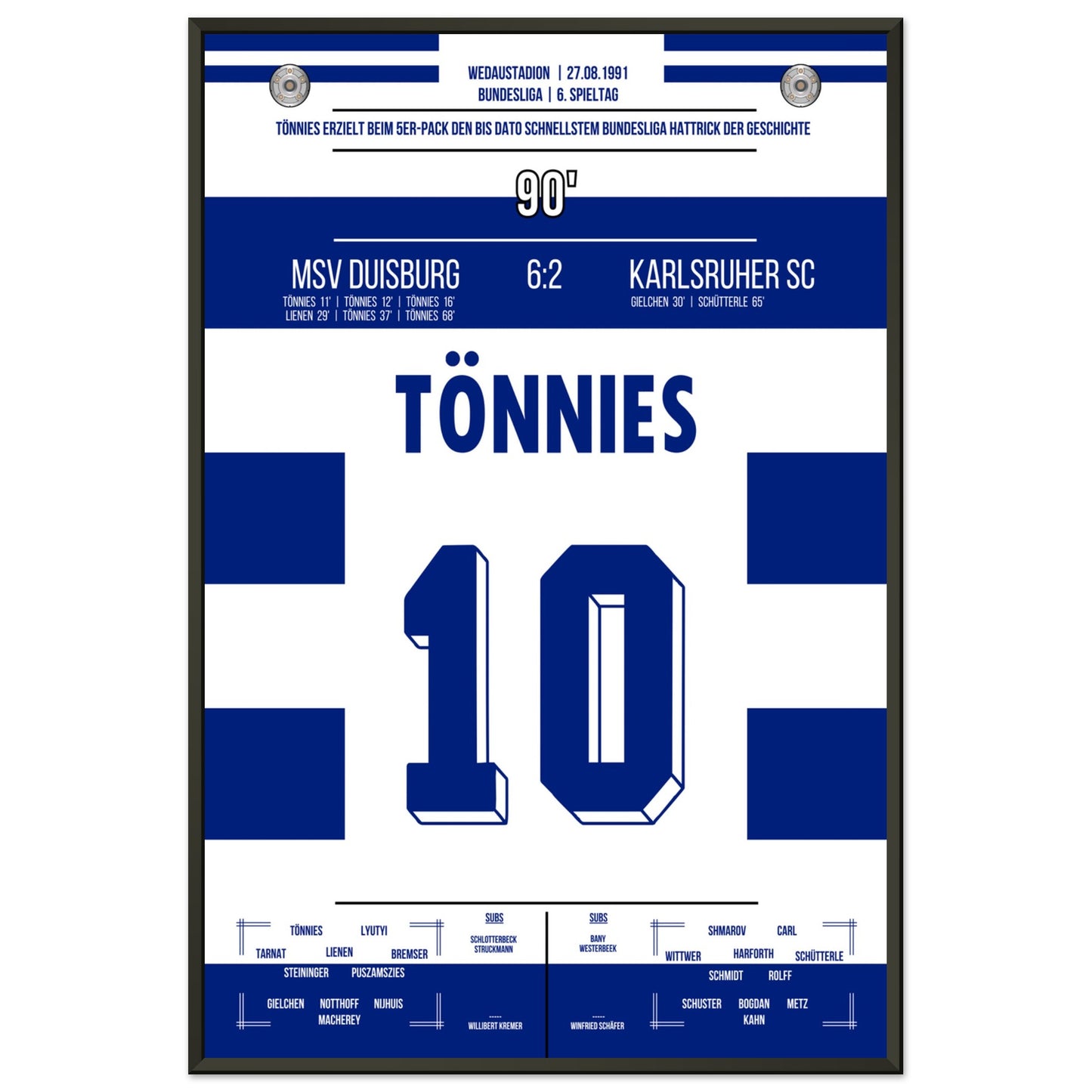Tönnies Rekord-Hattrick bei 5-Tore Galavorstellung gegen den KSC in 1991 60x90-cm-24x36-Schwarzer-Aluminiumrahmen