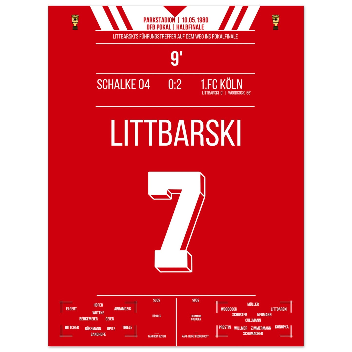 Littbarski's Führungstreffer im Pokalhalbfinale gegen Schalke 1980 45x60-cm-18x24-Ohne-Rahmen