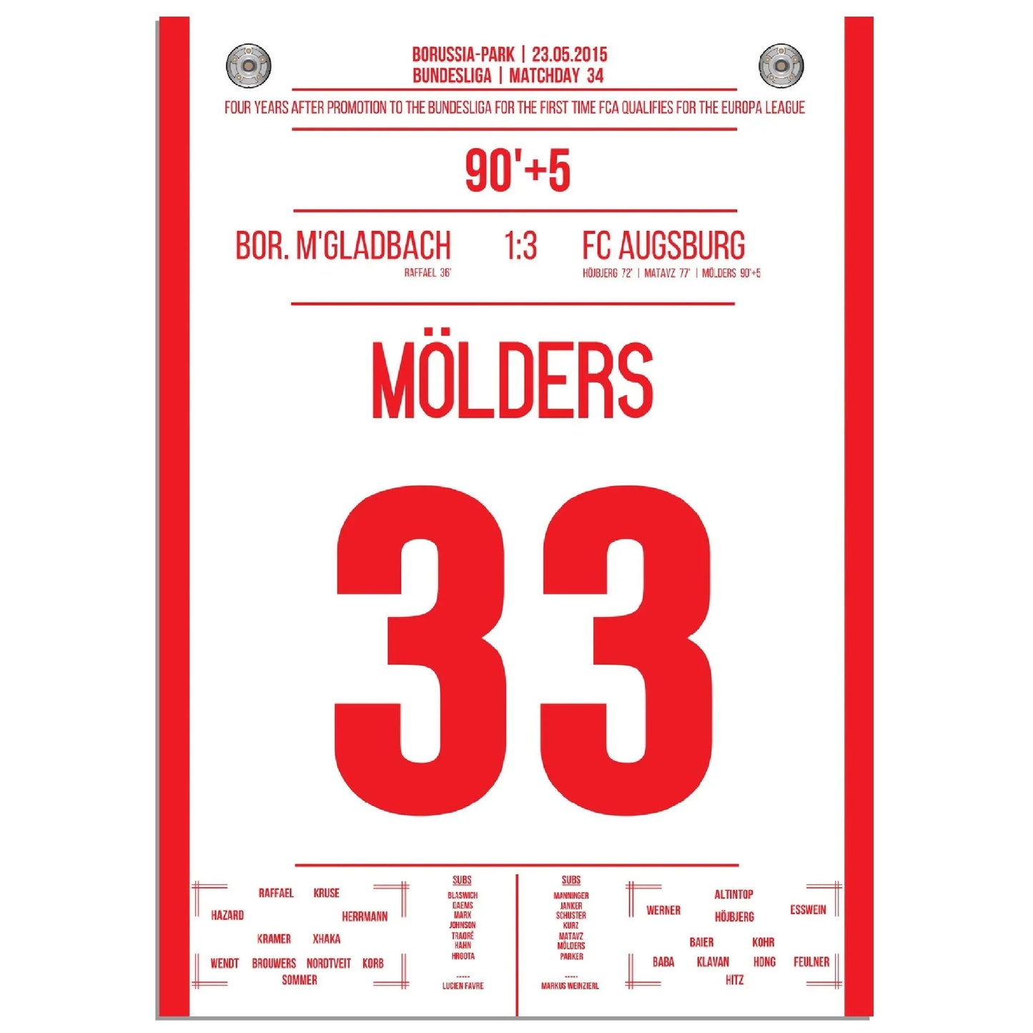 Augsburg qualifiziert sich für die Europa League - Mölders gegen Gladbach 2015 