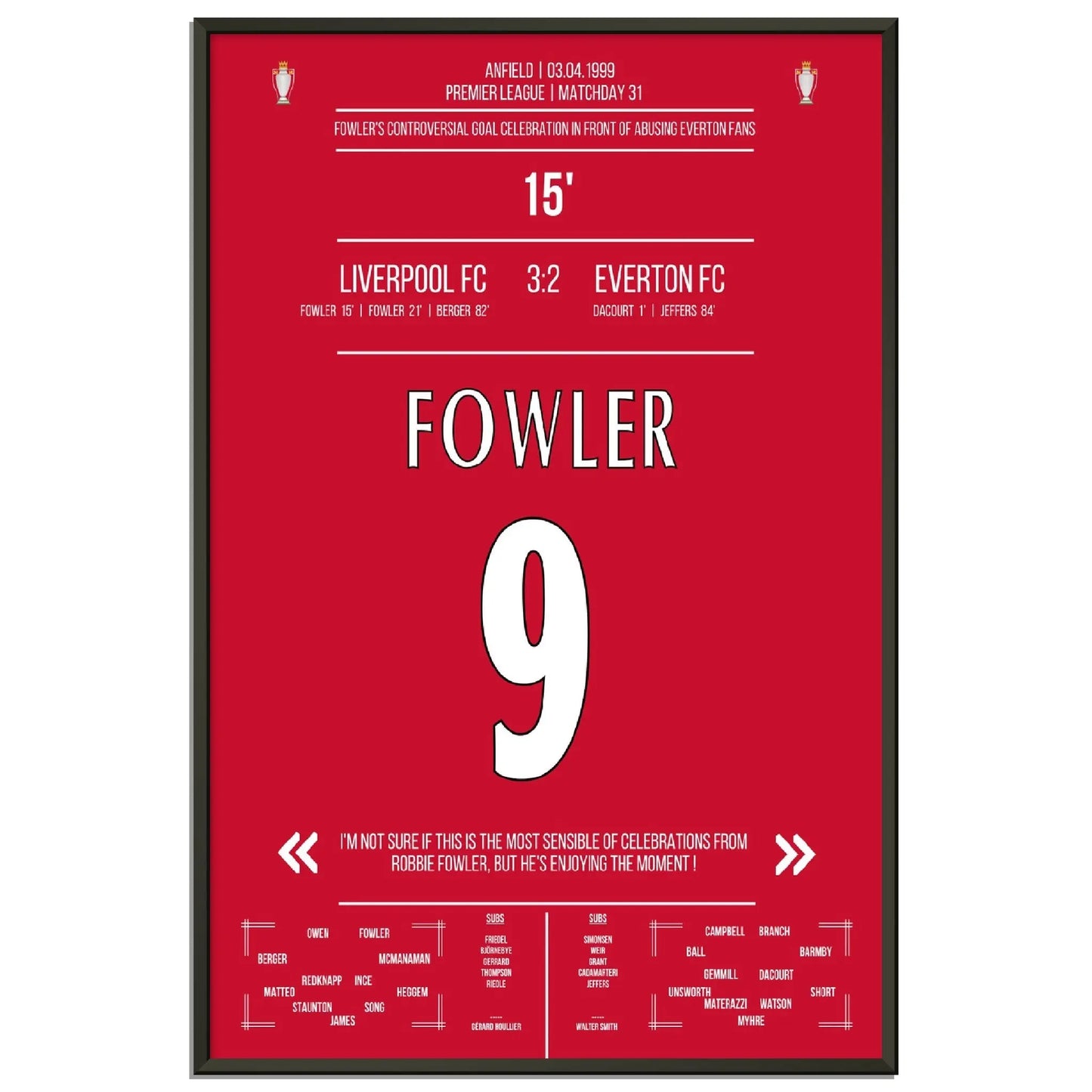 Fowlers außergewöhnlicher Torjubel Liverpool - Everton 1999 Premier League Merseyside Derby 
