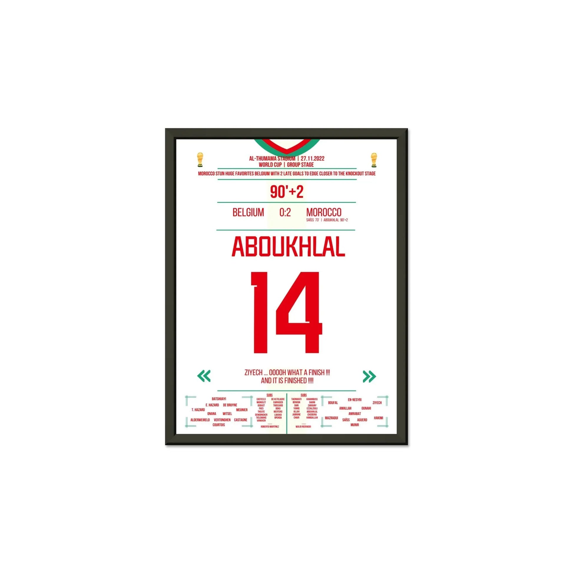 Marokkos Sieg gegen Favorit Belgien in der Gruppenphase der WM 2022 30x40-cm-12x16-Schwarzer-Aluminiumrahmen
