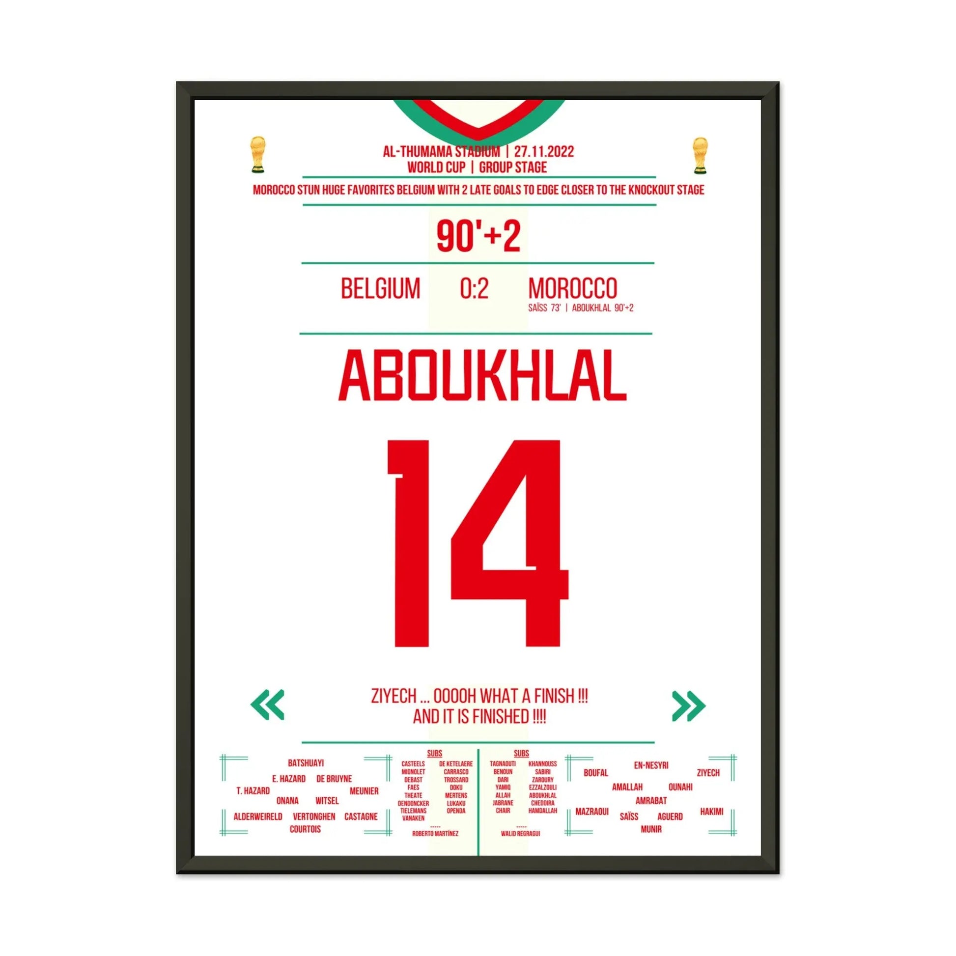 Marokkos Sieg gegen Favorit Belgien in der Gruppenphase der WM 2022 45x60-cm-18x24-Schwarzer-Aluminiumrahmen