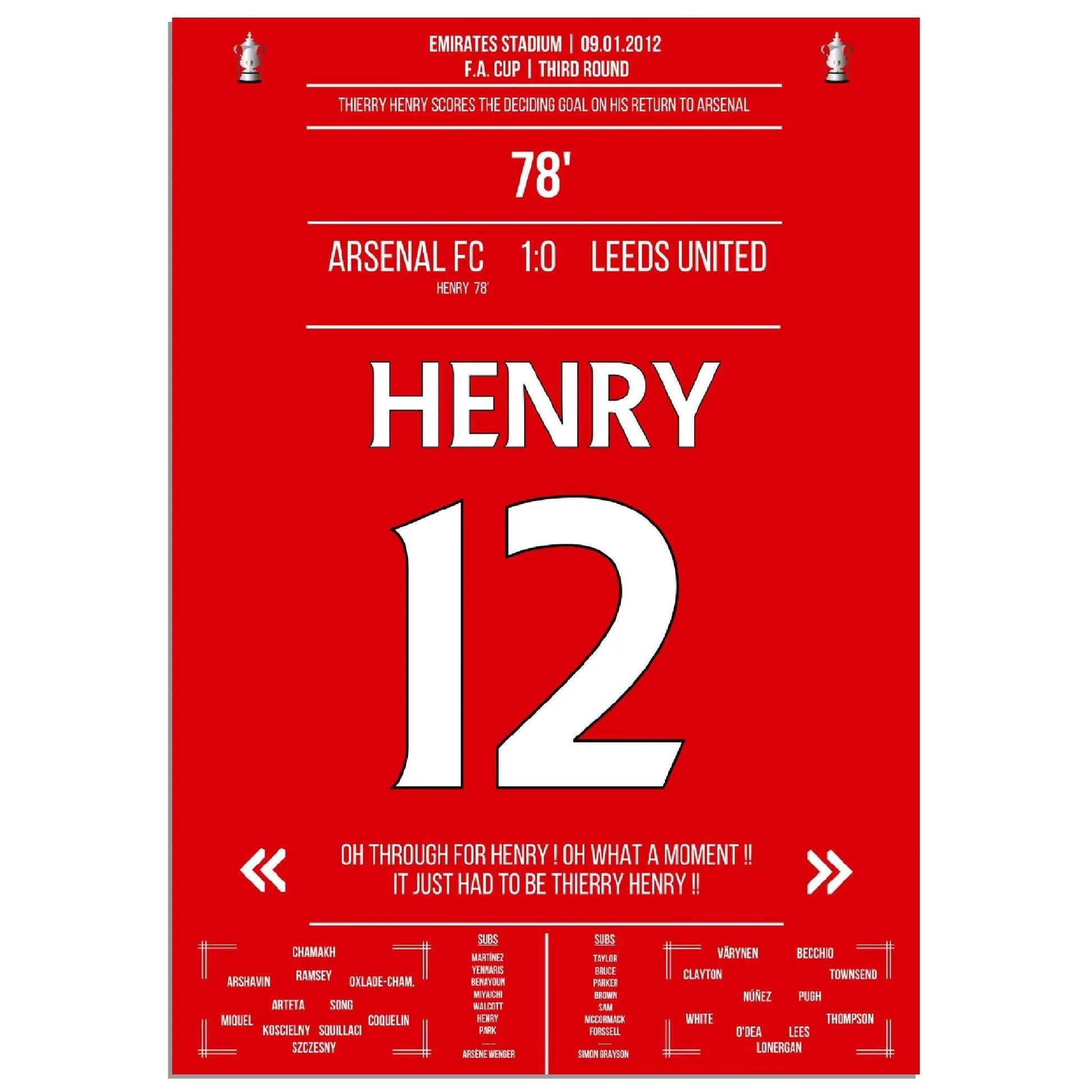 Thierry Henry Comeback 2012 Siegtreffer für Arsenal - Leeds FA Cup 3. Runde