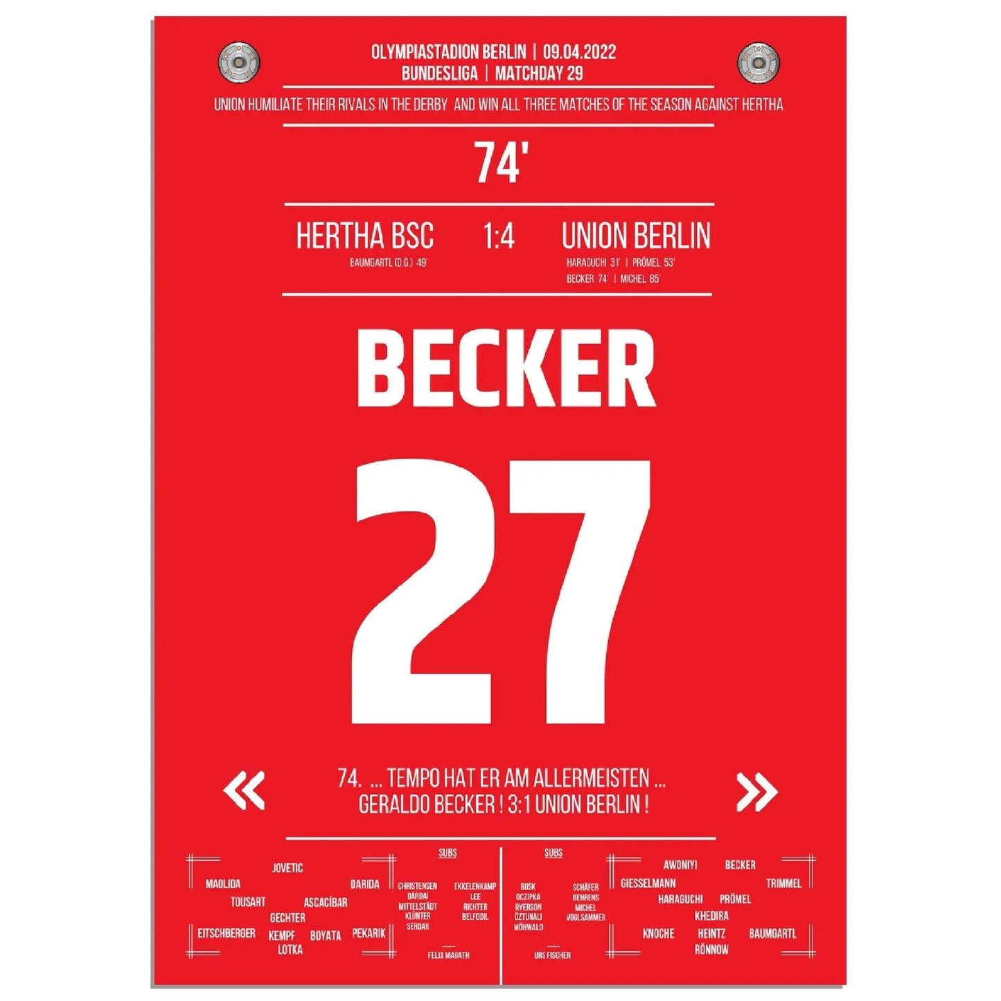 Union mit dem dritten Derbysieg der Saison 21/22 gegen Hertha 