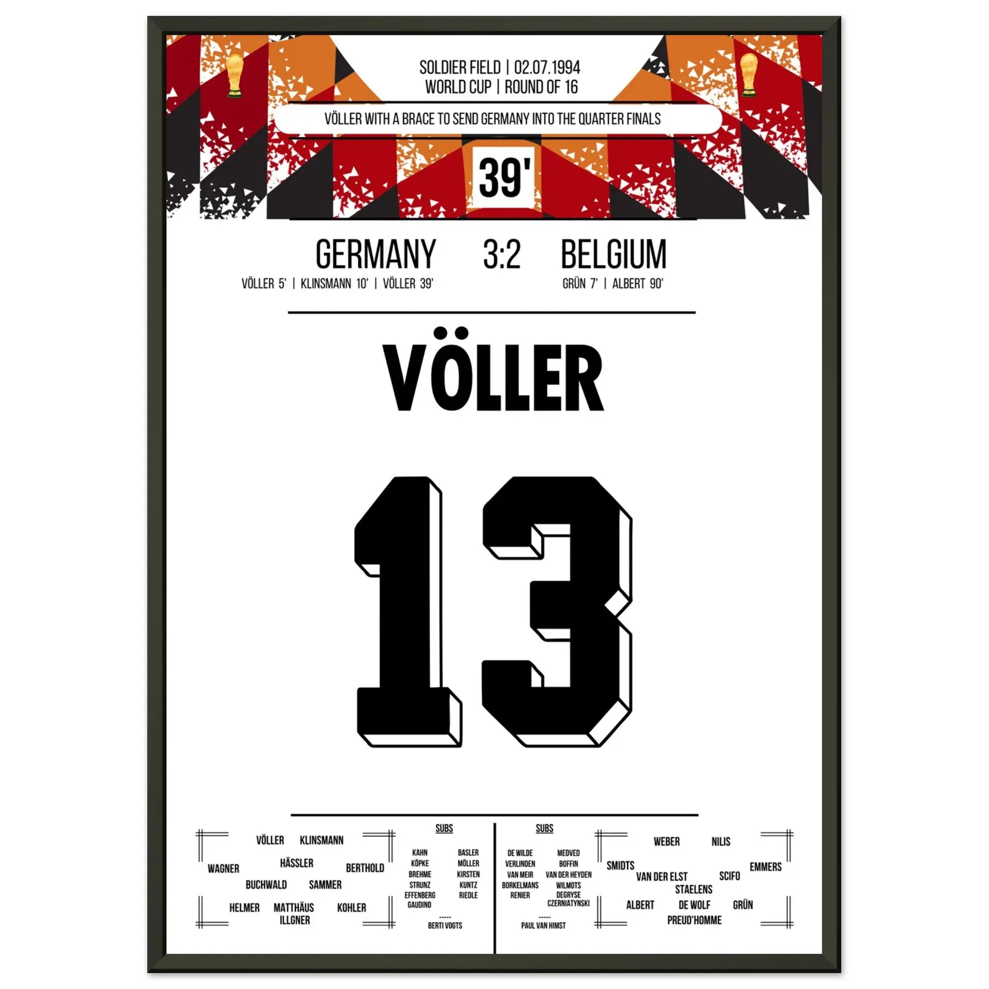 Völler trifft doppelt bei Deutschlands Sieg im Achtelfinale der WM 1994 50x70-cm-20x28-Schwarzer-Aluminiumrahmen
