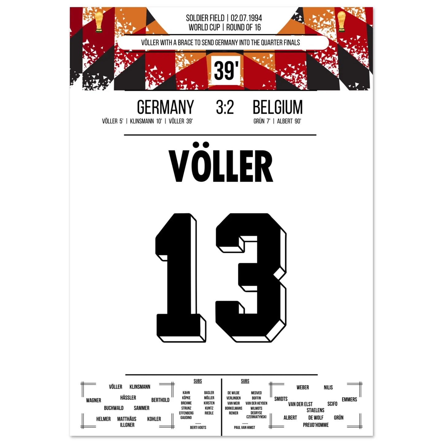 Völler marque deux fois lors de la victoire de l'Allemagne en huitièmes de finale de la Coupe du Monde 1994.