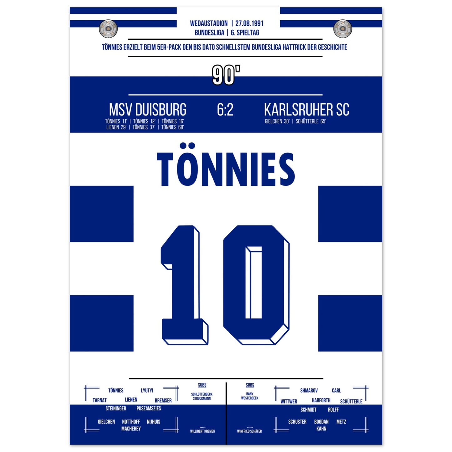 Tönnies Rekord-Hattrick bei 5-Tore Galavorstellung gegen den KSC in 1991 50x70-cm-20x28-Ohne-Rahmen
