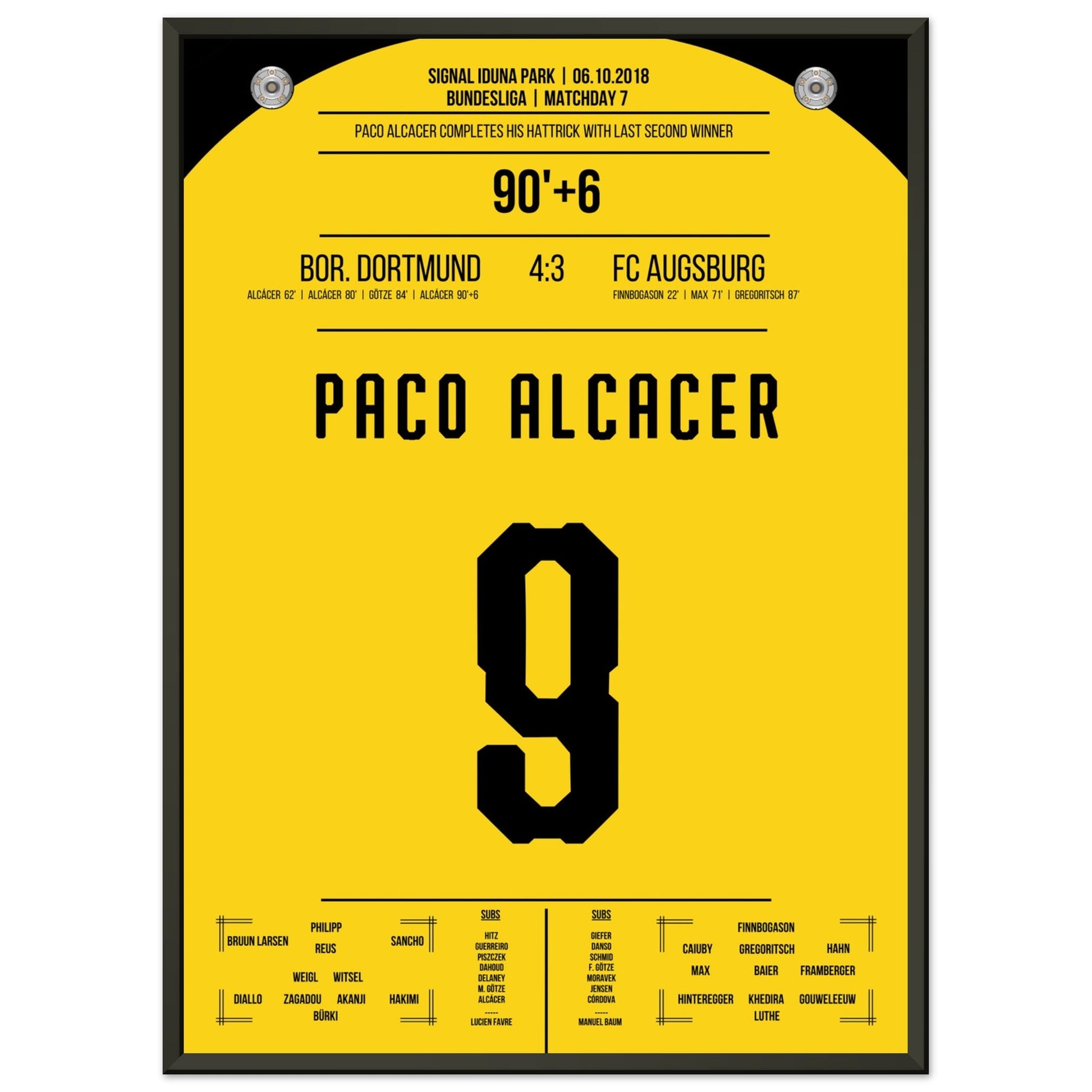 Alcacer's perfekter Last-Minute-Freistoß zum Sieg gegen Augsburg 2018 50x70-cm-20x28-Schwarzer-Aluminiumrahmen