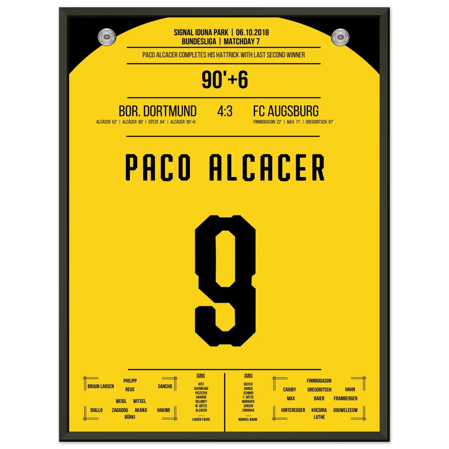 Alcacer's perfekter Last-Minute-Freistoß zum Sieg gegen Augsburg 2018 45x60-cm-18x24-Schwarzer-Aluminiumrahmen